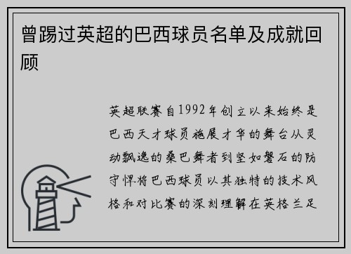曾踢过英超的巴西球员名单及成就回顾